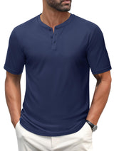 MAGCOMSEN Mens Short Sleeve Henley Shirts Casual Golf Shirts Quick Dry Collarless Shirts Work Shirt Button Shirts for Men Navy M