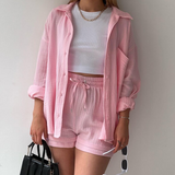 Women's Long Sleeve Shirt & Shorts Casual Two-Piece Set