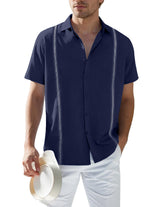 Mens Summer Casual Embroidered Cuban Guayabera Linen Shirts for Men Short Sleeve Button Down Cotton Beach Tops Navy Blue