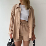 Women's Long Sleeve Shirt & Shorts Casual Two-Piece Set
