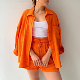 Women's Long Sleeve Shirt & Shorts Casual Two-Piece Set