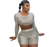 Women's Sequined Two-Piece Long Sleeve Shorts Set