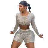 Women's Sequined Two-Piece Long Sleeve Shorts Set