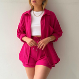Women's Long Sleeve Shirt & Shorts Casual Two-Piece Set