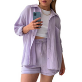 Women's Long Sleeve Shirt & Shorts Casual Two-Piece Set