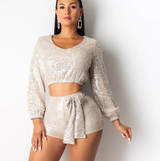 Women's Sequined Two-Piece Long Sleeve Shorts Set